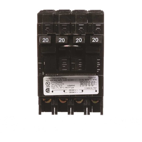 Siemens Thermal Magnetic Circuit Breaker, 20A, 2 Pole, 120/240V AC, 10kA Q22020CT2 - main